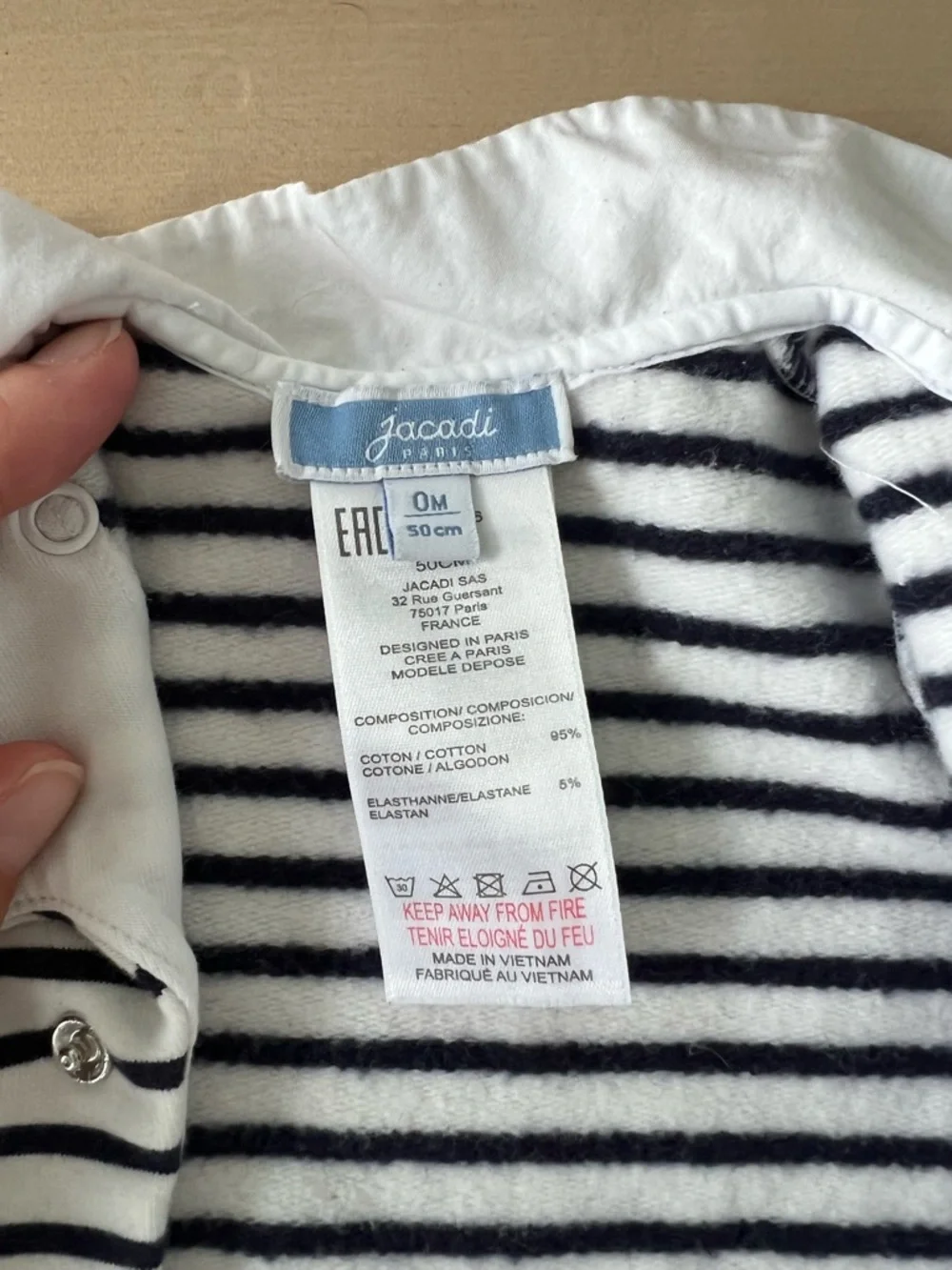 Jacadi Paris Newborn Collared Onesie Snaps Black and White Stripes 0months 50cm